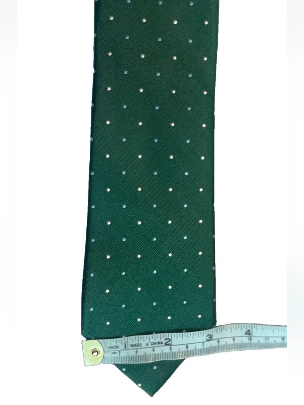Tommy Hilfiger 100% Silk Green Tie w/White and Blue Polka Dots  (3 in x 61 in)